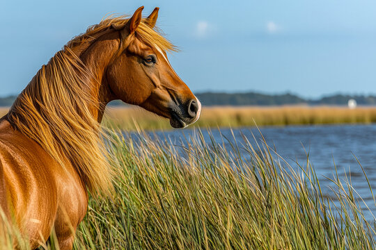 Majestic horse grazing near a tranquil lakeside in a natural landscape
