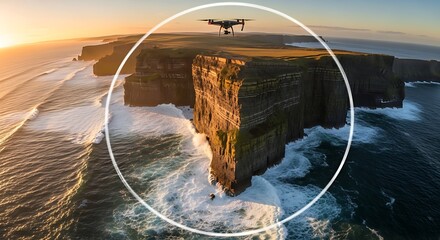 Drone soars above the majestic Cliffs of Moher at sunset.