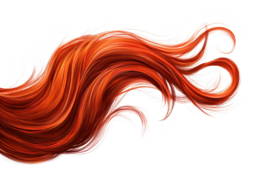 A flowing cascade of red hair gracefully swaying in the air against a pristine white background. symbolizing beauty and freedom. ideal for fashion or beauty-related projects