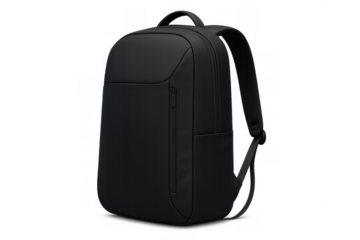 Black modern backpack for travel and daily commute, sleek minimalist design, ready for business or school, transparent background