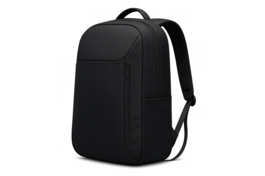 Black modern backpack for travel and daily commute, sleek minimalist design, ready for business or school, transparent background