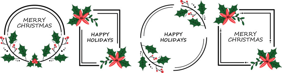 Christmas floral frame with a circle, round, or rectangle. Doodle-style wreath. Vector illustration for Christmas and wedding decor.