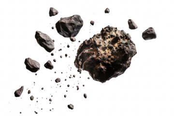 A dynamic cluster of asteroids and space debris floating in a void. various sizes and textures. ideal for educational and scientific illustrations about space exploration