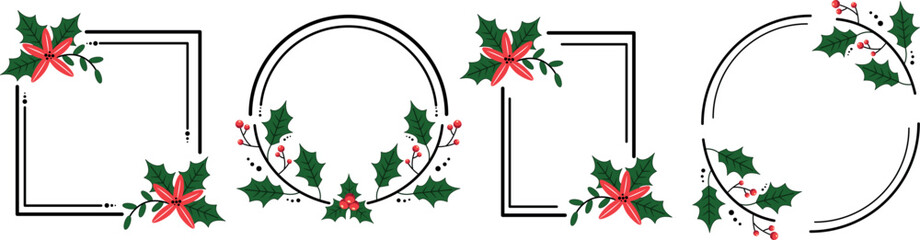 Christmas floral frame with a circle, round, or rectangle set. Doodle-style wreath. Vector illustration for Christmas and wedding decor.