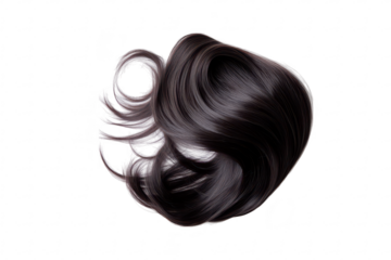 A flowing cascade of luxurious. shiny dark hair elegantly arranged on a pristine white background. its smooth texture and natural movement. ideal for beauty or haircare concepts
