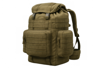 Military tactical backpack for outdoor activities, army equipment for hiking and travel, olive drab rucksack with molle webbing on transparent background