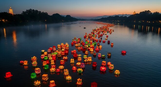 Floating Lanterns Illuminate a Serene River at Dusk.