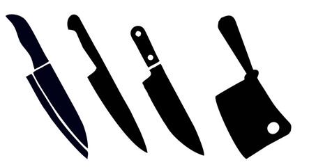 Kitchen knife silhouette set including chef knife, butcher cleaver, and cooking tools. Perfect for restaurant, culinary, cooking, food, and kitchen design concepts.
