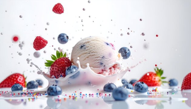 Berries ice cream with milk splash and berries fruit on white background