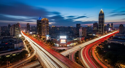 Cityscape at Night with Traffic Trails and Modern Architecture.