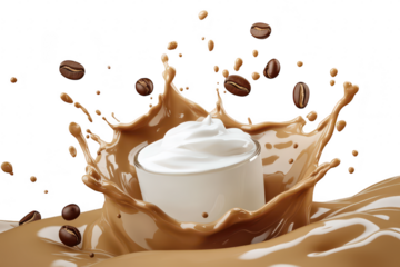 A dynamic splash of coffee with cream. a cup in the center surrounded by flying coffee beans. creating an energetic and appetizing scene for beverage advertisements