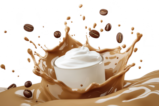 A dynamic splash of coffee with cream. a cup in the center surrounded by flying coffee beans. creating an energetic and appetizing scene for beverage advertisements