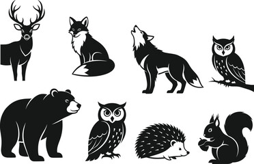 Wild forest animal silhouette vector illustration featuring deer, fox, wolf, bear, owl, hedgehog, and squirrel, perfect for wildlife design, nature art, woodland decoration, and prints