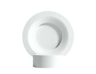 White, circular, minimalist podium with recessed circle backdrop against a black background