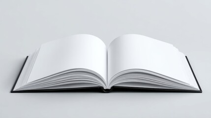 An open blank book is displayed on a smooth, light-colored surface, inviting creativity and new thoughts. The pages are blank, ready for writing or drawing