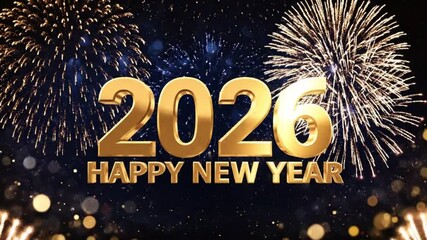 A grand, celebratory 3D animation featuring 2026 in polished gold with HAPPY NEW YEAR centered against a dark night sky filled with dazzling, realistic fireworks. - Powered by Adobe