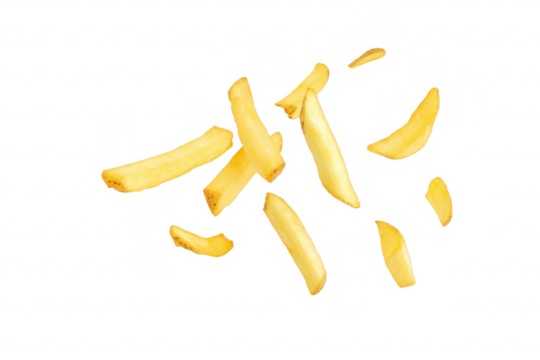 A dynamic display of golden. crispy French fries floating against a clean white background. their texture and color. ideal for food-related marketing or culinary use