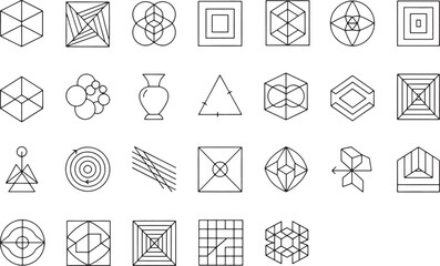 Collection of geometric shapes and abstract line art isolated on white