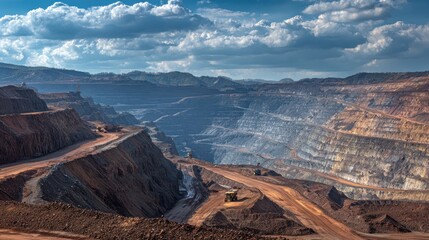A vast open-pit mine is visible with heavy machinery actively operating. The rugged terrain is marked by steep rock faces and dirt roads under a blue sky filled with clouds