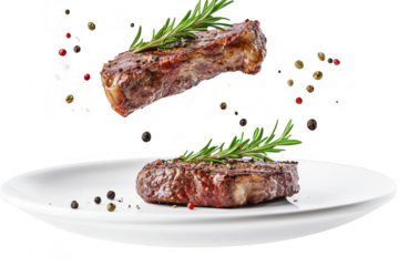 A beautifully plated steak garnished with fresh rosemary and surrounded by colorful peppercorns. floating above the plate. culinary artistry in a clean. modern kitchen setting