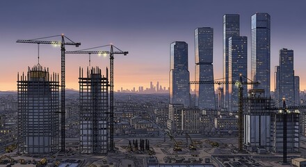 Cityscape under construction with cranes and skyscrapers at dusk.