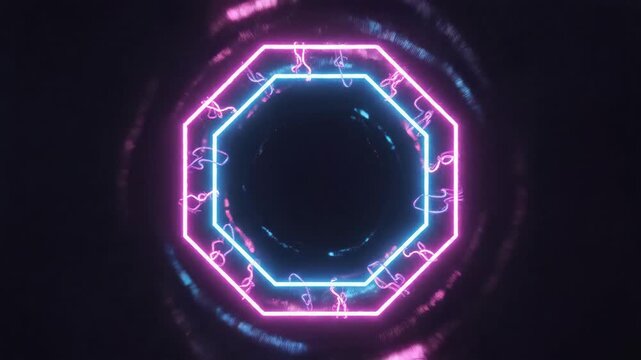 Abstract neon tunnel with blue and pink light. Sci-fi digital portal. Energy time warp or hyperjump background. Data transfer concept.