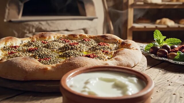 Fresh Baked Manakish Flatbread - This video features a freshly baked manakish flatbread, topped with za'atar and red pepper paste, sitting on a wooden table next to a bowl of white yogurt.