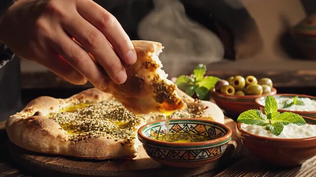 Manouche Flatbread with Olive Oil and Dips - A close-up shot shows a person dipping a piece of manouche flatbread into a small bowl of olive oil.