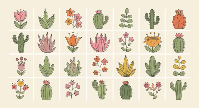 A vibrant collection of hand-drawn vector icons featuring various stylized desert plants, succulents, and colorful blooming cacti suitable for graphic design projects