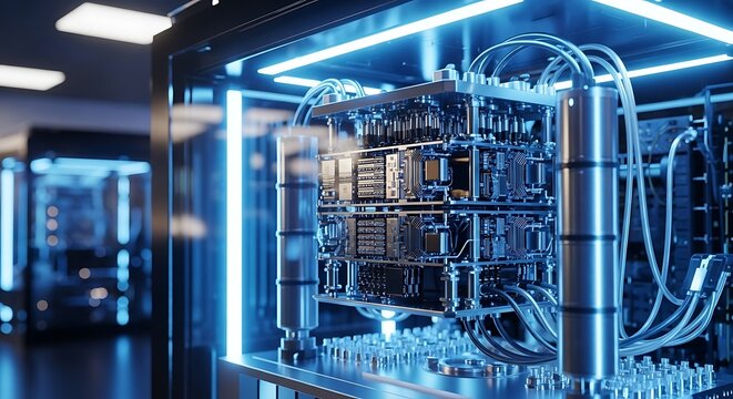 Futuristic Server Room - High-Tech Data Center with Blue Lighting.