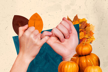 Poster image artwork pop collage of human hand show pinky gesture swear thanksgiving day dry foliage pumpkin autumn harvest