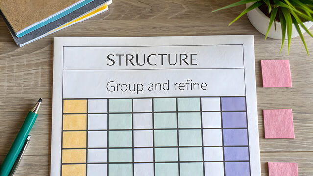 A paper grid titled Structure for group refinement on a wooden surface - Powered by Adobe