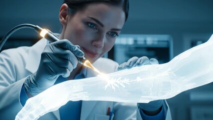 Female scientist in a lab coat and gloves closely examining a translucent bionic arm with a glowing tool, researching advanced neural connections for prosthetic limb innovation - Powered by Adobe