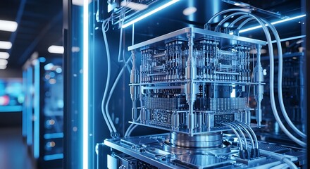 Futuristic Quantum Computer System with Advanced Technology and Blue Lighting.