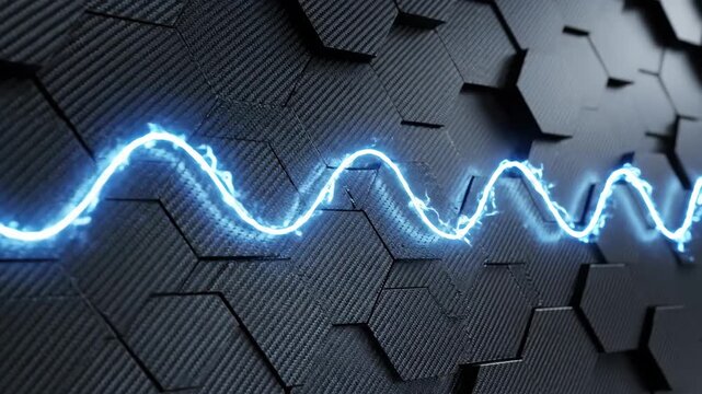 Abstract Electric Pulse on Hex Grid - An electric blue pulse travels across a geometric patterned surface made of carbon fiber hexagons.