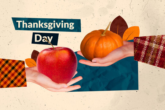 Full 3d artwork trend collage of human hands hold pumpkin apple fruit change harvest autumn season thanksgiving day appreciation