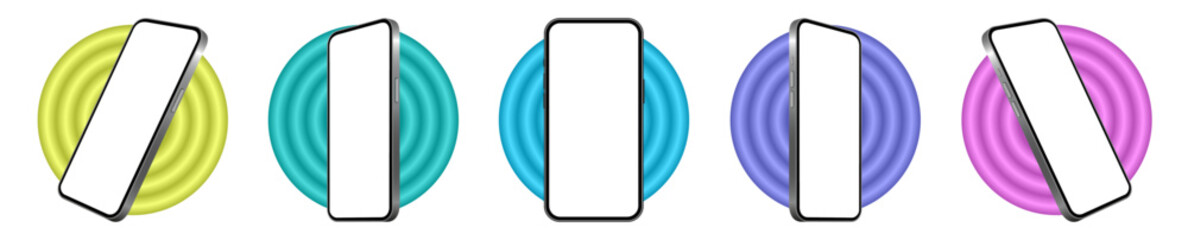 Mockup of a phone screen. Social media promotion. Advertising on a smartphone display. Device front view. 3D mobile phone. Cell phone. 3d rounds in yellow, green, blue, purple, and pink shades