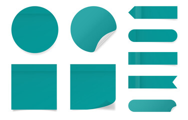 Set of square and round paper stickers. Teal green stick in notes. Post it notes. Sheets of paper. Tag, sticky note. Pointed bookmarks
