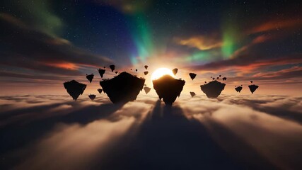 Floating alien islands creating a dramatic silhouette against a vibrant purple and pink sky, displaying a surreal fantasy landscape with a bright sun radiating light above a sea of soft clouds - Powered by Adobe