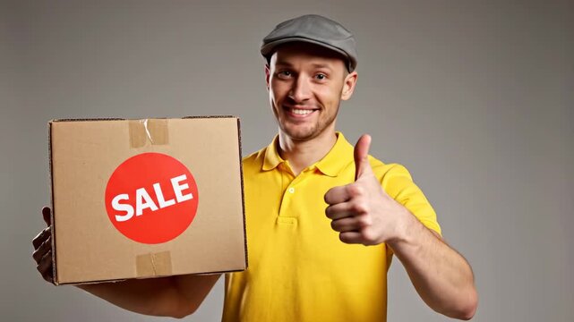 Happy Delivery Man with Sale Box - A cheerful delivery man in a yellow shirt and cap holds a cardboard box with a red "SALE" sticker and gives a thumbs-up.