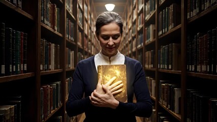 Woman discovering a glowing book on a bookshelf, symbolizing the enlightenment, wisdom, and magic of finding knowledge within an old, extensive library setting - Powered by Adobe