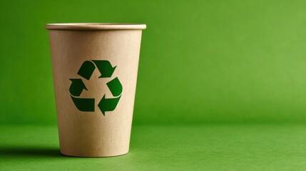 A paper cup featuring a large recycling symbol stands prominently against a bright green backdrop. This scene emphasizes the importance of using sustainable materials for environmental preservation