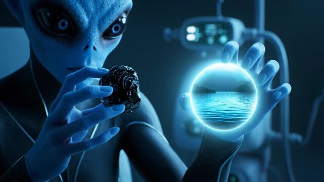 Alien scientist in a high-tech lab examines a dark, textured organic specimen with a gloved hand, studying unknown extraterrestrial life and analyzing data on futuristic screens
