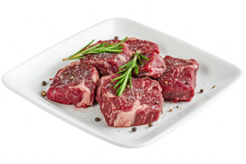 Freshly cut pieces of premium beef steak seasoned with salt and pepper. garnished with rosemary. presented on a white plate. ideal for culinary photography or food marketing