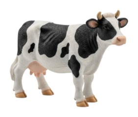 Playful black and white cow figurine farm toy model cute perspective isolated on transparent background