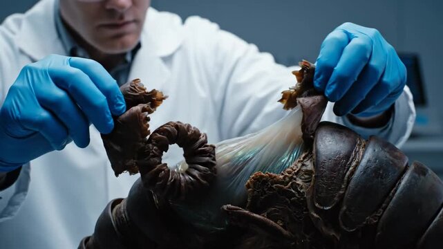 Scientist in a white lab coat and blue gloves carefully examining and dissecting an extraterrestrial alien creature with a segmented body in a dark, high-tech research facility