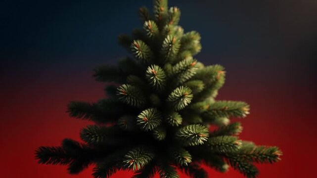 Close-up of evergreen tree branches against dark red and blue gradient background
