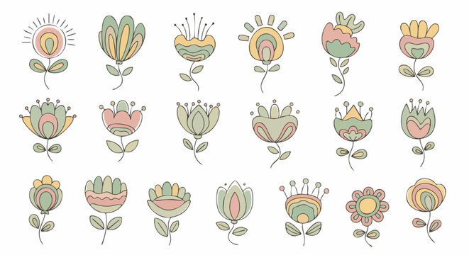 Collection of whimsical floral doodles in pastel colors isolated on a white background