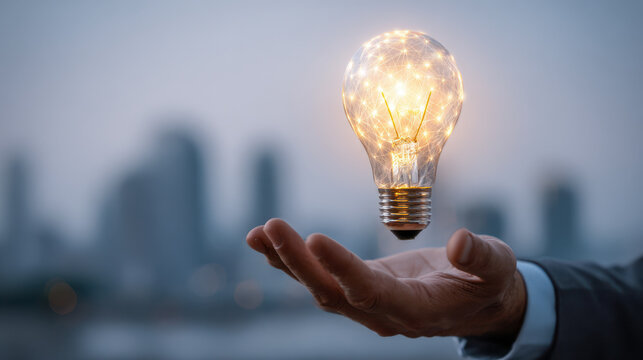 Creative concept of innovation and bright ideas featuring a glowing light bulb with digital network connections floating above a businessman's open hand against a ci