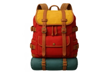 Red and yellow vintage travel or hiking backpack with rolled sleeping mat, ready for adventure on transparent background